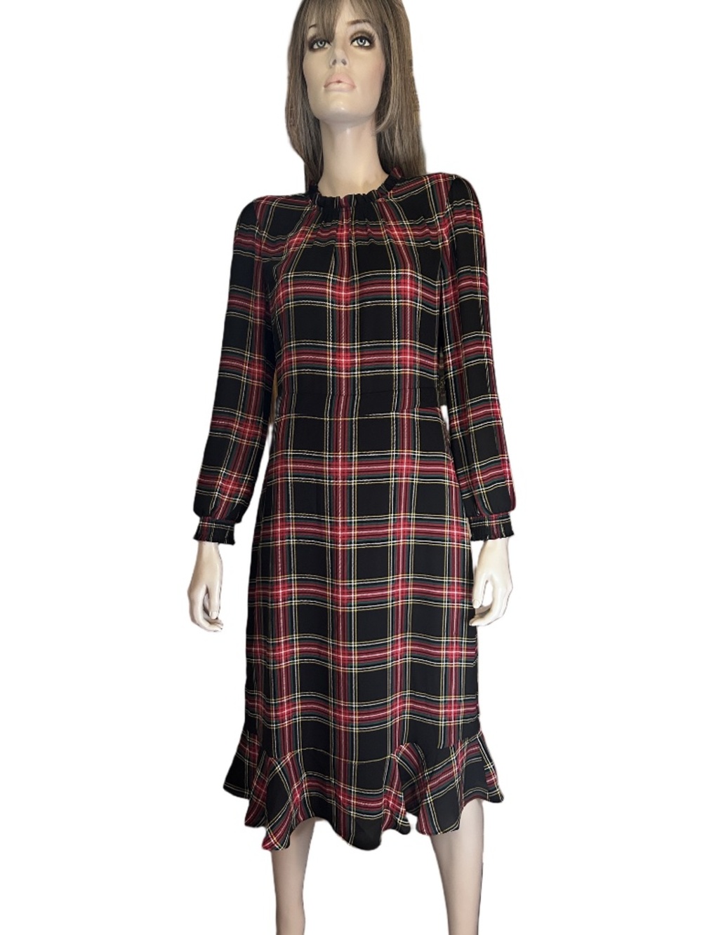 J. Crew Madras Plaid Tartan Peasant Dress Long Sleeve Ruffled Flounce Hemline